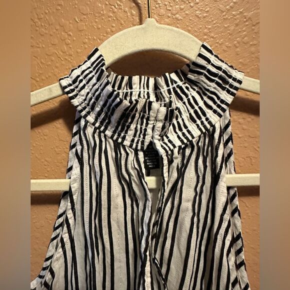 INC Women's Black/White Striped Keyhole Smocked-Waist Halter Top - Picture 2 of 9